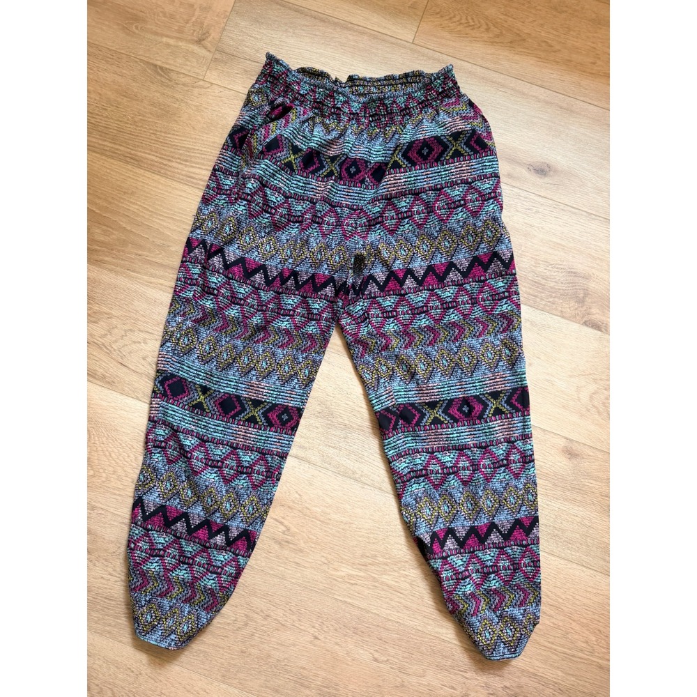 Mudd Women Geometric Tribal Print Harem Jogger Pants Pink Blue Medium Pockets